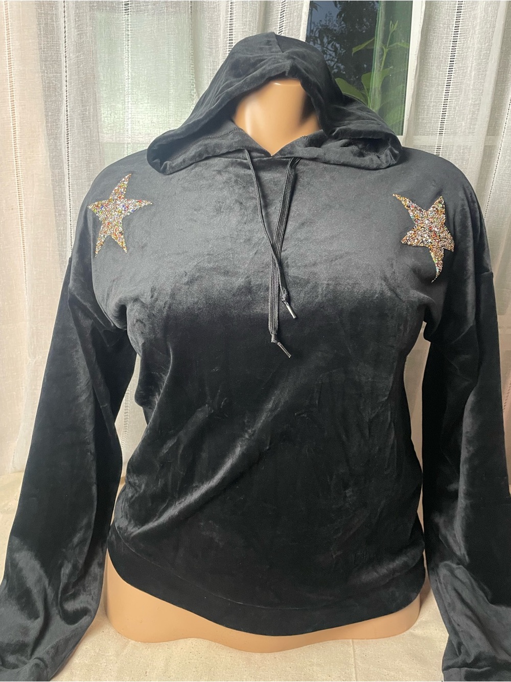 Paris Hilton Black Velvet Hoodie with Glitter Star Embellishments